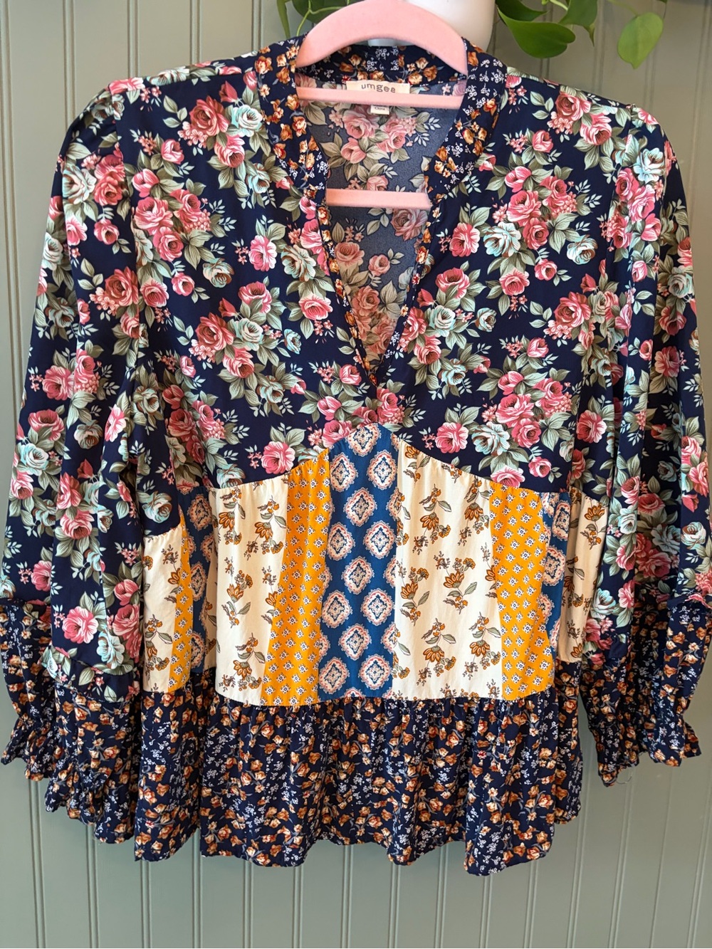UMGEE Mixed Floral Patchwork Boho Tunic Blouse Peasant Top